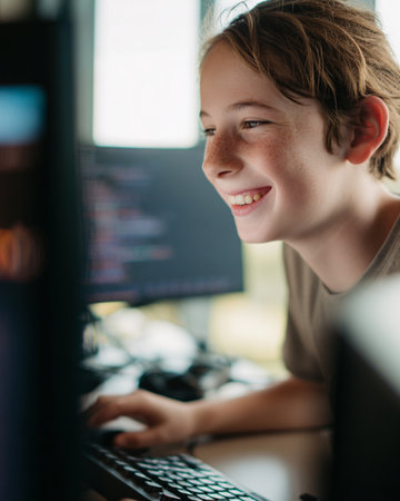 Portrait of a smiling teenage boy using a computer at home.の素材