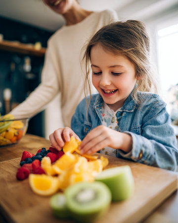 Happy little girl and her mother are preparing fruit salad in the kitchen.の素材