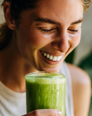 Smiling young woman holding a glass of green smoothie, close upの素材