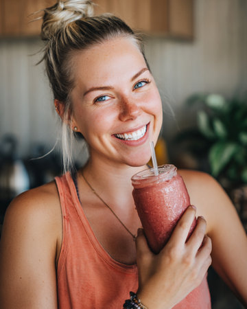 Smiling young woman holding a smoothie in her hand. Healthy food concept.の素材