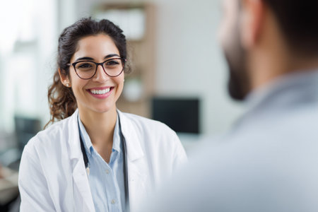 Portrait of smiling female doctor looking at male patient in medical officeの素材