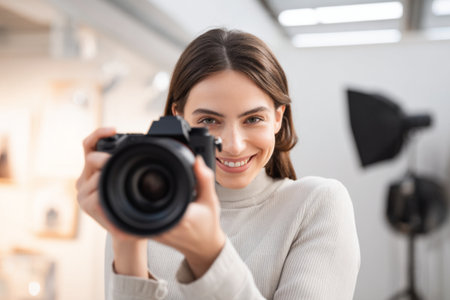 attractive female photographer holding camera and smiling at camera in photo studioの素材