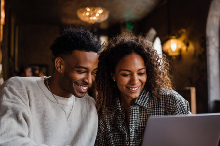 Portrait of smiling couple using laptop in coffee shop at the barの素材