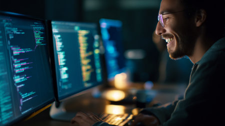 Programmer working on a computer late at night in a dark officeの素材