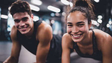Portrait of smiling young woman exercising with personal trainer in fitness studioの素材