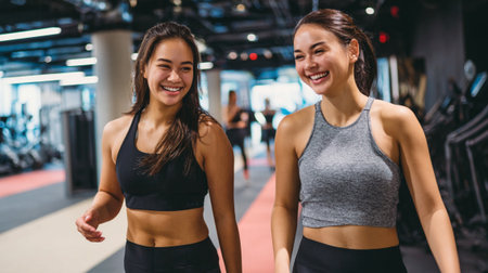 Portrait of two smiling young women running together in a gym.の素材