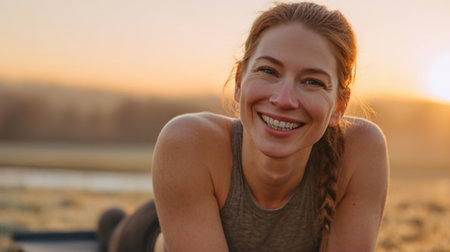 Portrait of a smiling young woman sitting on the beach at sunsetの素材