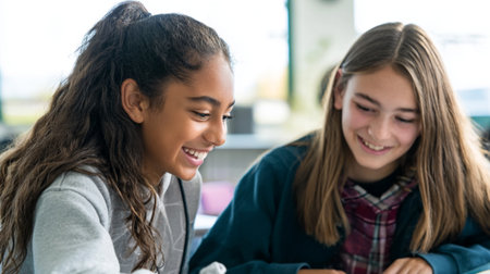 Portrait of smiling schoolgirl sitting at desk with friend in classroomの素材