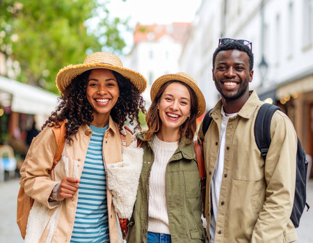 travel, tourism, friendship and people concept - group of smiling friends walking in cityの素材