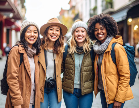 Group of multiethnic women walking on the street. Group of friends having fun outdoors.の素材
