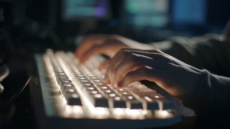 Hands of a hacker stealing data from a computer keyboard. Cybercrime conceptの素材