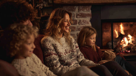Happy family sitting in front of fireplace at home. Mother, father and two daughters spending time together.の素材
