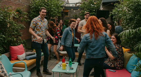 Group of friends having fun and dancing together at a rooftop party.の素材