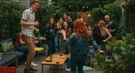 Group of friends having fun and dancing in a cafe outdoors. People having fun together.の素材