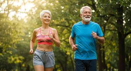 Senior couple jogging in the park. Sport and active life concept.の素材