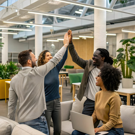 multiethnic businesspeople giving high five to each other in officeの素材