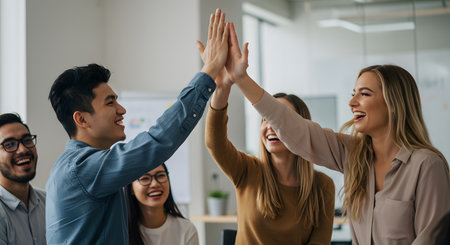 Group of business people giving high five to each other in the officeの素材