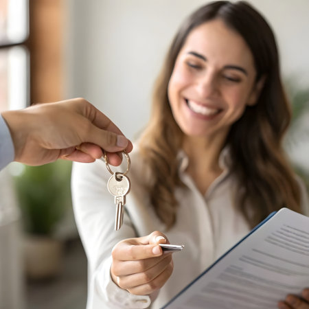 Real estate agent giving keys to smiling young woman in office. Happy businesswoman showing keys to new apartment. Mortgage conceptの素材