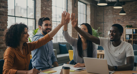 Group of multiethnic business people giving high five to each other in officeの素材