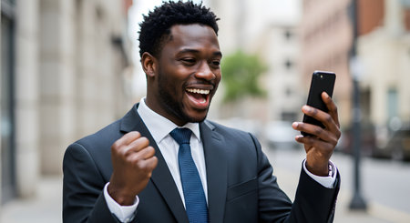 Cheerful african american businessman using mobile phone in cityの素材