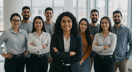 Group of business people standing in a row and looking at camera.の素材