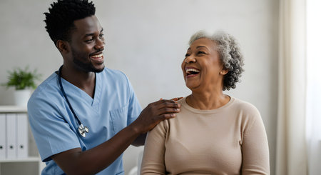 Smiling african american nurse touching shoulder of senior woman in clinicの素材