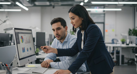 Group of business people working together in office. Businessman and businesswoman using computer for teamwork and brainstorming.の素材
