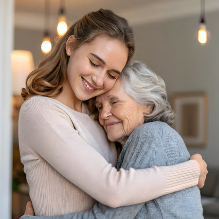 Happy mother and daughter hugging at home. They are looking at camera and smilingの素材