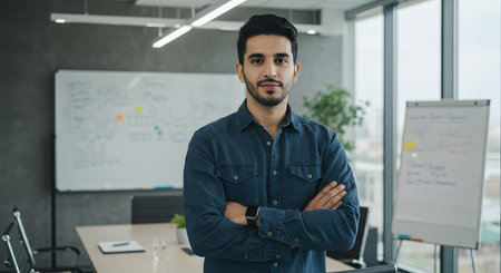 Portrait of confident young man standing with arms crossed in modern officeの素材