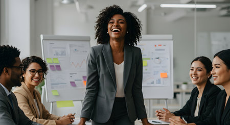 Cheerful african american businesswoman laughing during meeting in officeの素材
