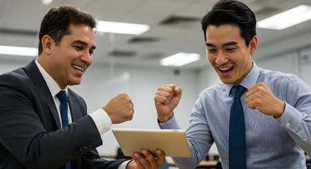 Successful business people celebrating in office. Businessman and businesswoman working together on tablet computer in modern workplace. Teamwork conceptの素材