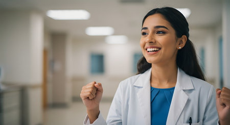 Portrait of happy young female doctor in white coat looking at camera and smiling while standing in hospital corridorの素材