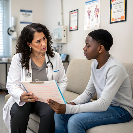 Female doctor and patient discussing something while sitting on sofa at medical officeの素材