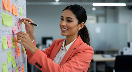Businesswoman writing on sticky notes on wall in office. Businesswoman pointing at sticky notes on wall in office.の素材