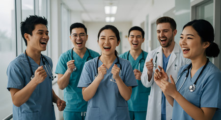 Group of happy doctors and nurses in hospital. Group of doctors and nurses in hospital. Medical and healthcare staff service.の素材