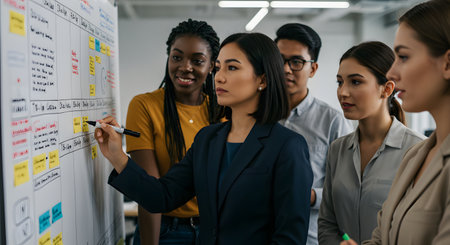 multiethnic businesswoman pointing at whiteboard with charts during meeting in officeの素材