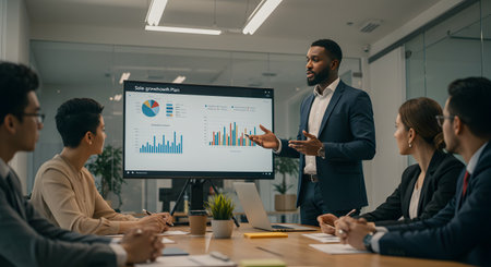 African american businessman explaining financial data to colleagues at meeting in officeの素材