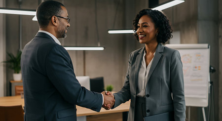 african american businesswoman and businessman shaking hands in modern officeの素材