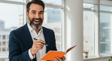 cheerful mature businessman writing in notebook and smiling at camera in officeの素材