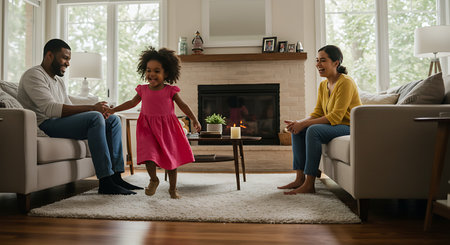 Happy African American family spending time together at home, sitting on the floor by the fireplaceの素材