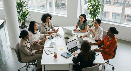 high angle view of multiethnic businesswomen having meeting in officeの素材
