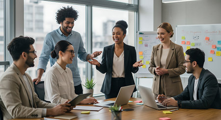 multiethnic business team clapping hands during meeting in modern officeの素材