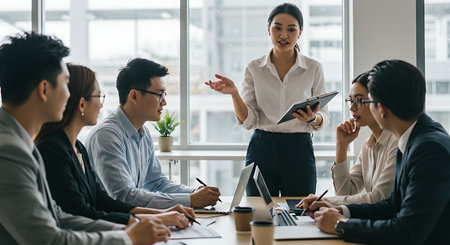 Group of business people discussing the charts and graphs showing the results of their successful teamworkの素材