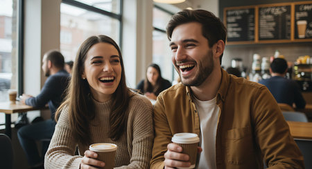 happy young couple holding paper cups of coffee and smiling at camera in cafeの素材