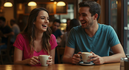 Young couple with cups of coffee in cafe, focus on woman and manの素材