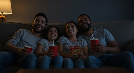 Happy family watching movie on sofa at night in living room at homeの素材