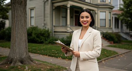 Portrait of a beautiful young business woman holding a clipboard and smiling while standing outdoorsの素材