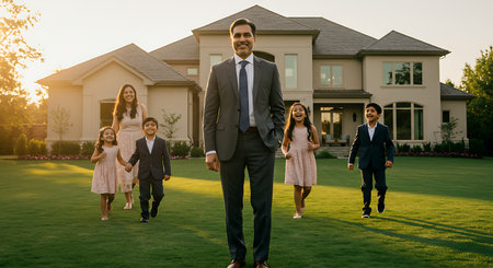 Portrait of happy father and children running in front of their new houseの素材