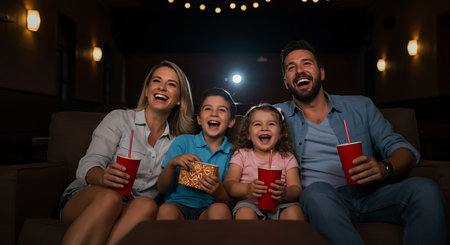 Happy family watching movie at night in cinema. They are eating popcorn and drinking soda.の素材