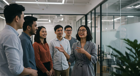 Group of business people talking and smiling while standing in the office.の素材